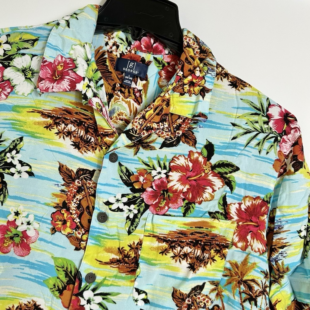 Vintage George Mens Size L Hawaiian Shirt Tropical Paradise Rayon Camp Excellent